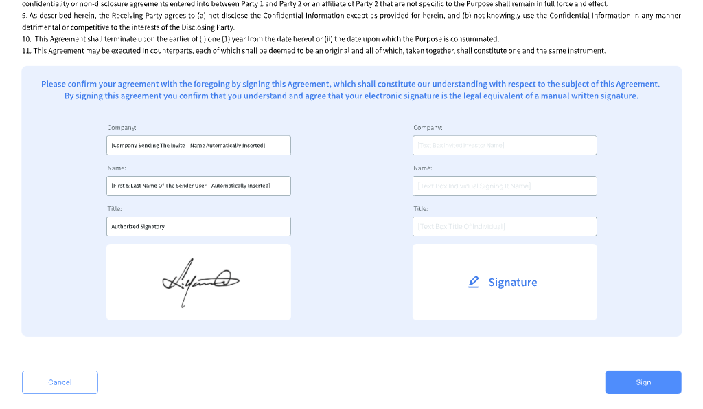 Electronic signature step: agreement text, dual signature columns, and Sign action