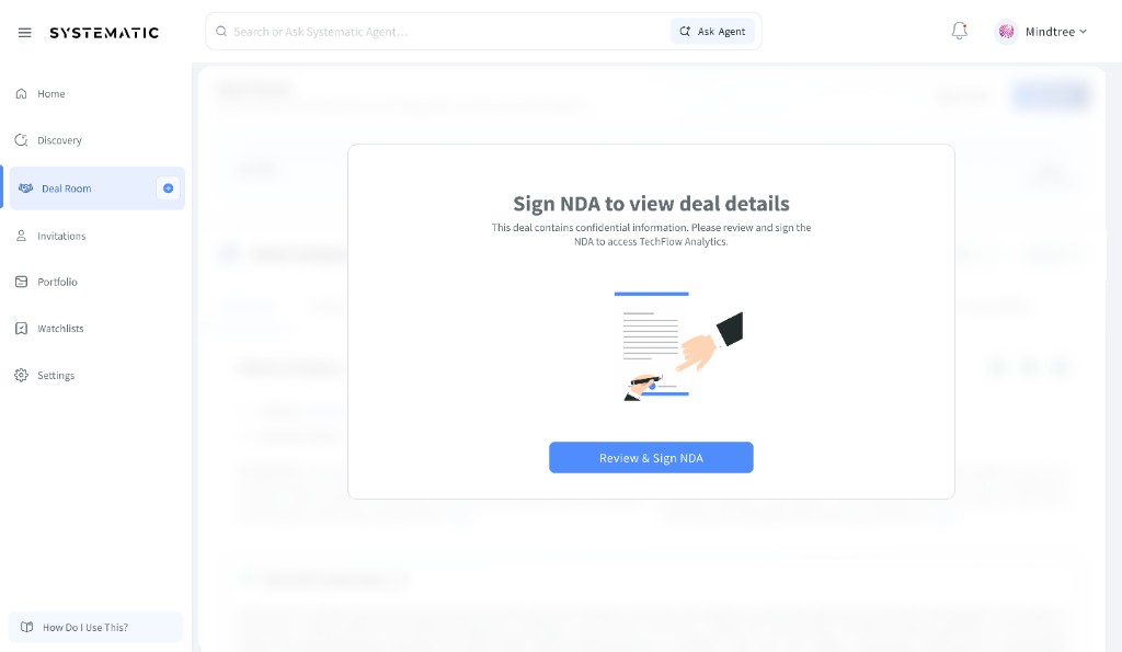 Deal Room gated state: Sign NDA to view deal details modal over blurred app shell