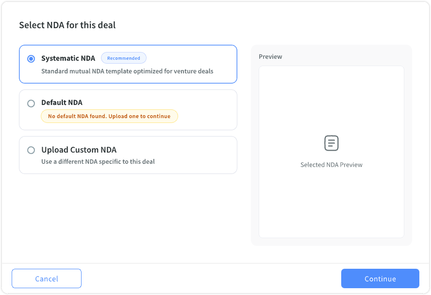 Select NDA for this deal: template options with recommended choice and document preview