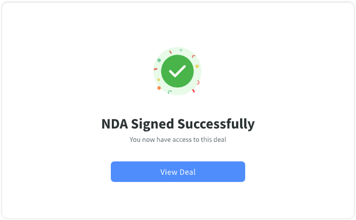 Success state: NDA signed successfully — user gains access to the deal