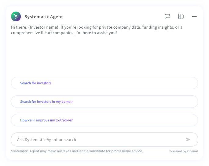 Systematic Agent chat interface with investor discovery prompts