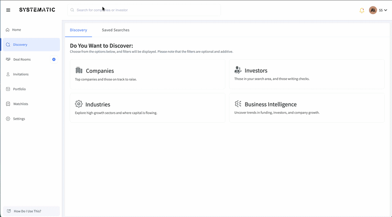 Screen recording of SYSTEMATIC: Discovery, Companies filters (location, industry, funding stage, date range), search results, and company profile tabs